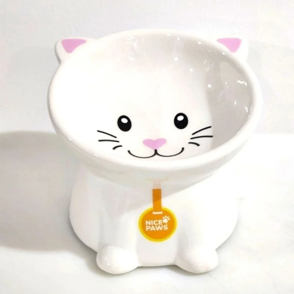 Nice Paws Ceramic Tilted And Elevated‎ Kitty Cat Food Bowl White 4
